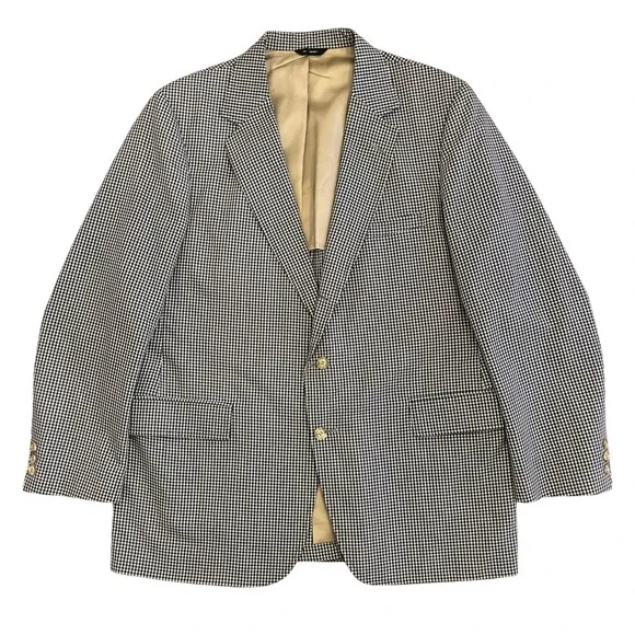 Vintage Orvis Gingham Check Blazer Mens 46R Navy Tan Sport Coat Union Made USA - Picture 2 of 16